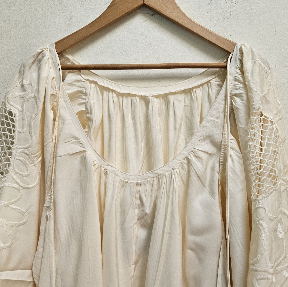 H&M Low Back Voluminous Embroidery Dress Balloon Sleeves Blogger Fave Cream L - Picture 8 of 16